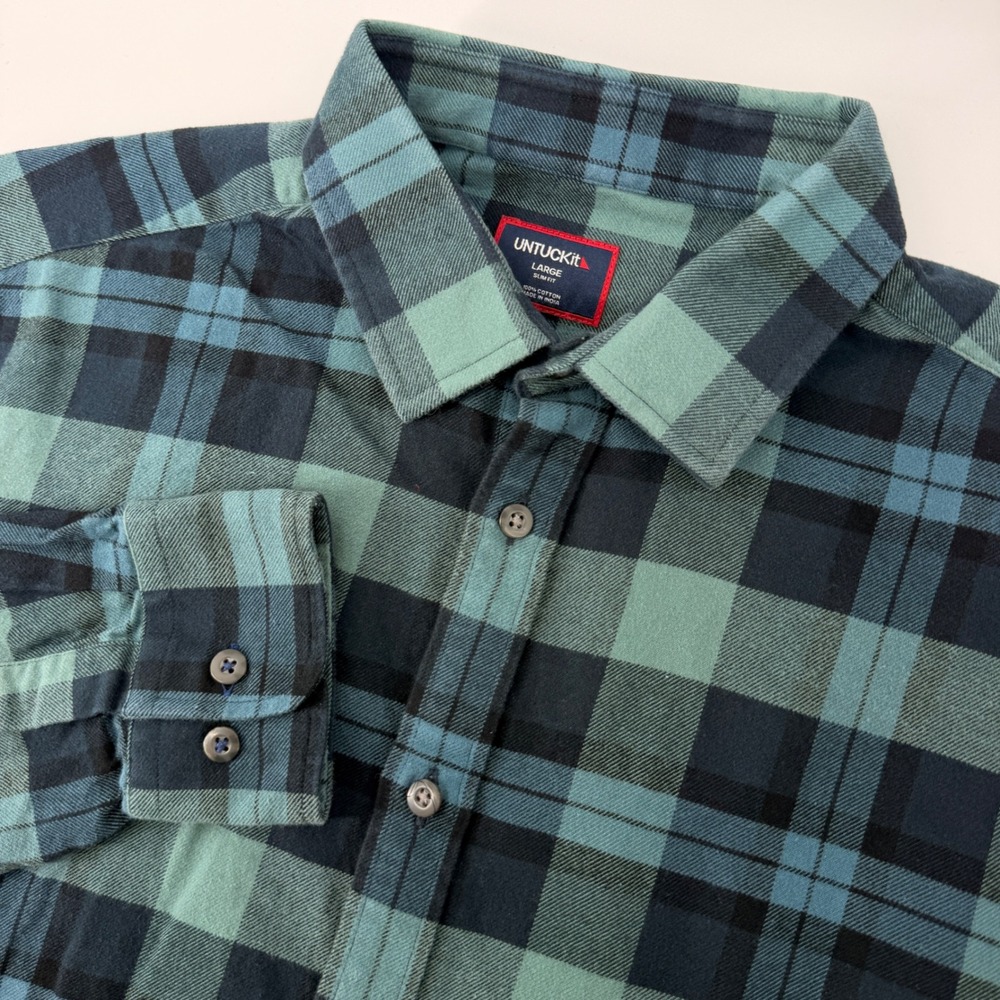 UNTUCKit Azedo Flannel Shirt Mens Large Green Navy Plaid Slim Fit Button Down